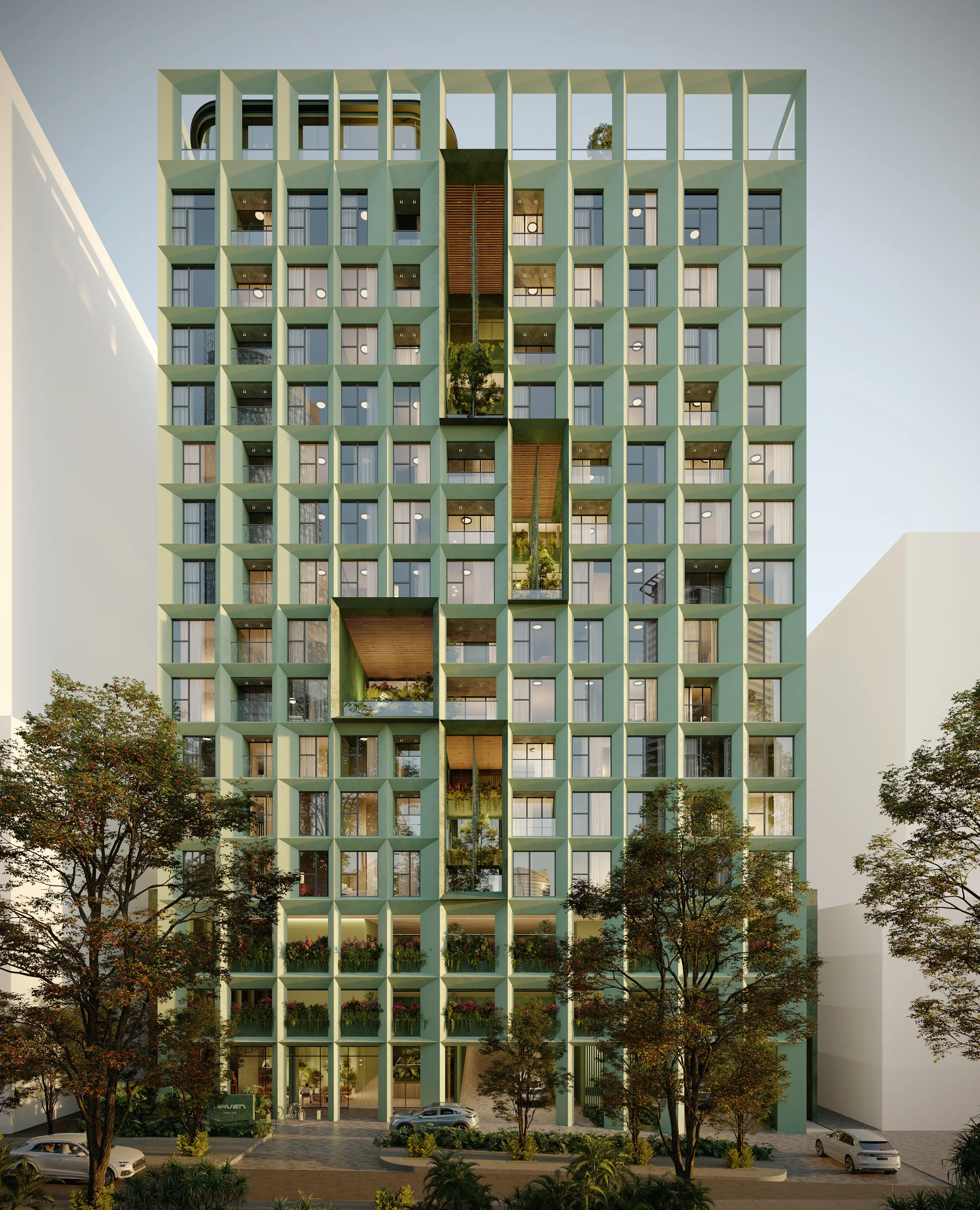 Render de la torre HAVEN en su contexto urbano